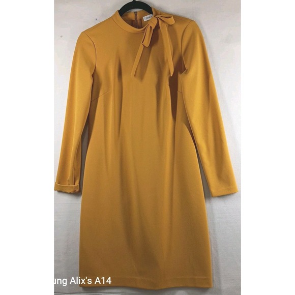 Calvin Klein Dresses & Skirts - Calvin Klein Dress Women Sz 4 Mustard Crepe Bow Retro Glam Royal Secretary $134